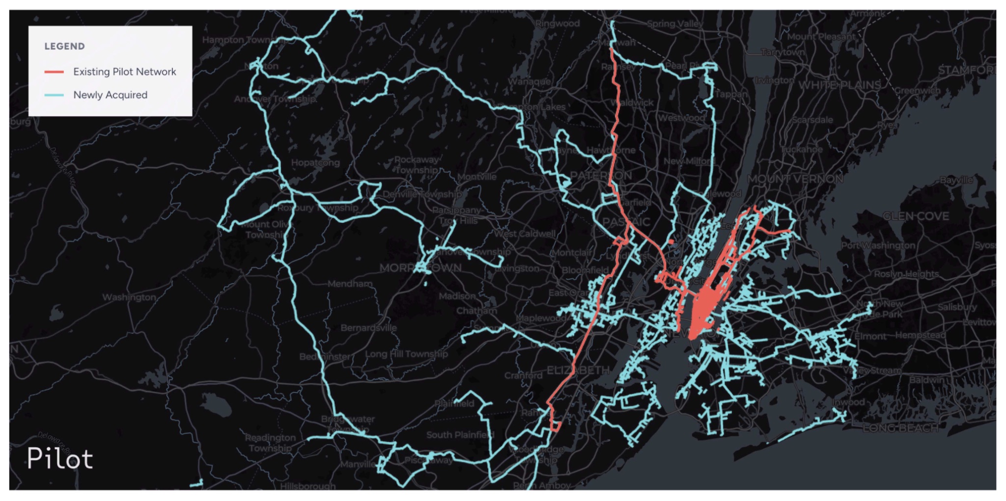 Map showing Pilot Fiber's existing network (red) and newly acquired Boldyn network (teal) extending across New Jersey, the five boroughs, and to the Nassau County border