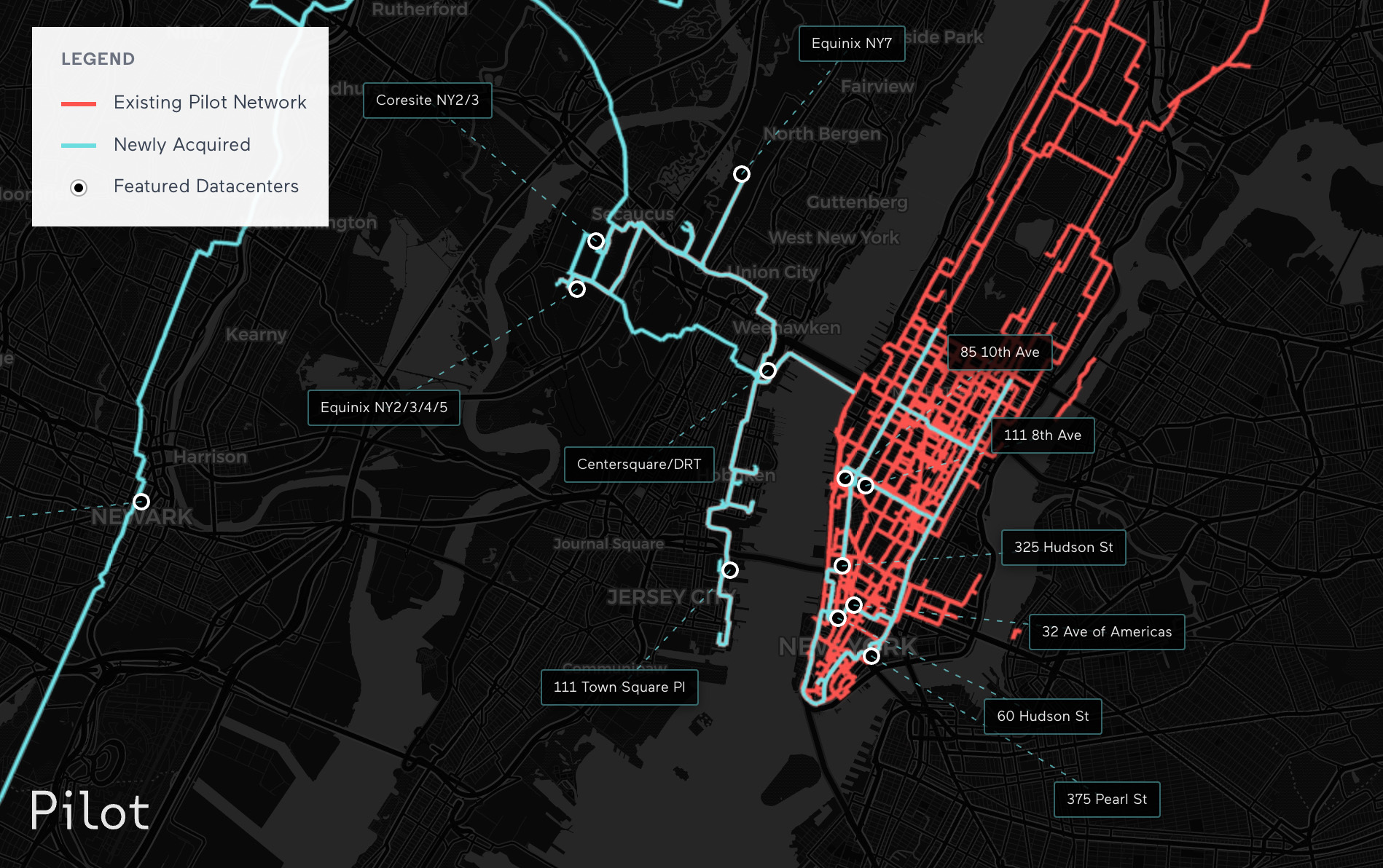 Map showing Pilot Fiber's existing network in Manhattan (red) and newly acquired Extenet network extending into New Jersey (teal), with featured datacenters marked